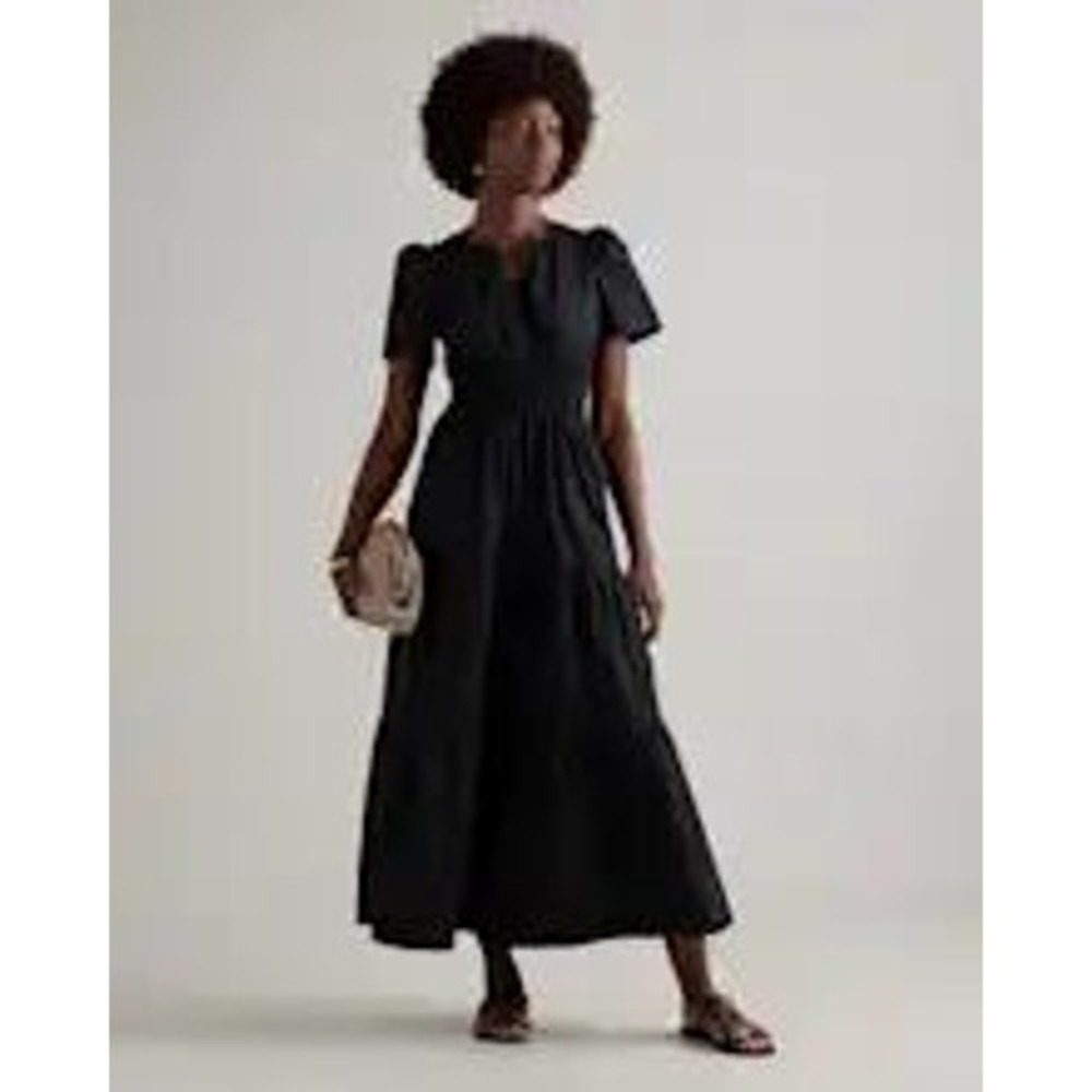 Quince women's 100% Organic‎ Cotton Poplin Tiered Maxi Dress Black Size Large